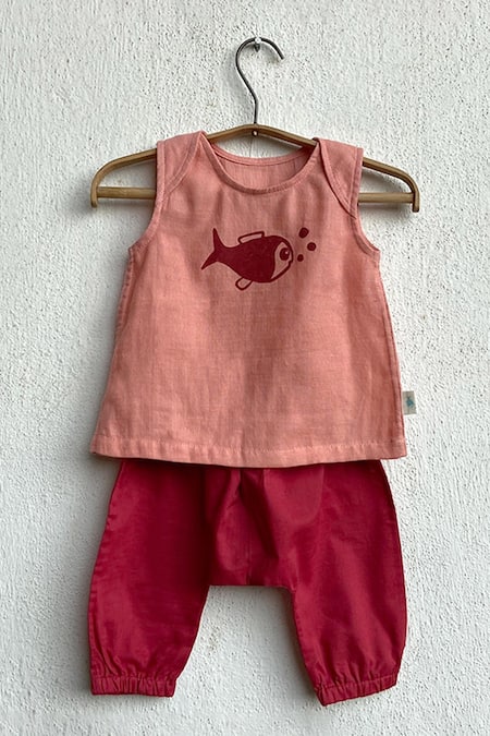 Shop_Whitewater Kids_Peach 100% Organic Cotton Hand Block Printed Fish Jhabla Top And Pant Set_Online_at_Aza_Fashions