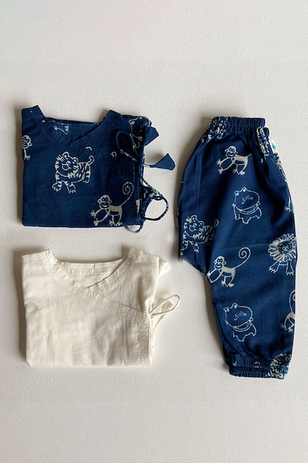 Whitewater Kids Blue 100% Organic Cotton Hand Block Print Side Tie Angrakha Pant Set 