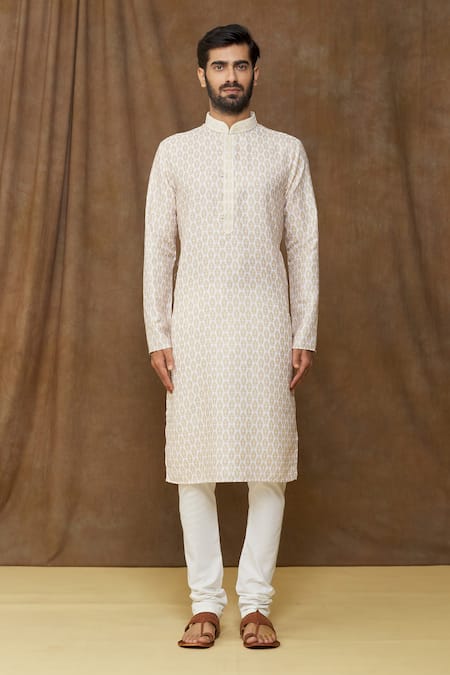 Buy_Arihant Rai Sinha_Yellow Cotton, , Chanderi Embroidery Floral Print Kurta Set _Online_at_Aza_Fashions