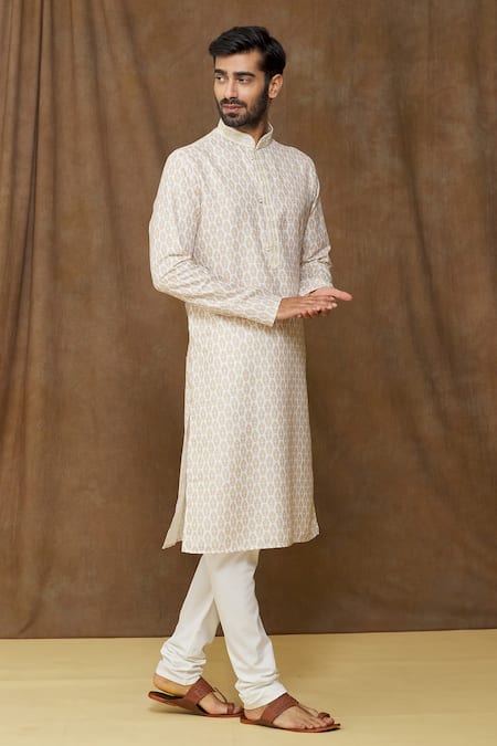 Shop_Arihant Rai Sinha_Yellow Cotton, , Chanderi Embroidery Floral Print Kurta Set _Online_at_Aza_Fashions