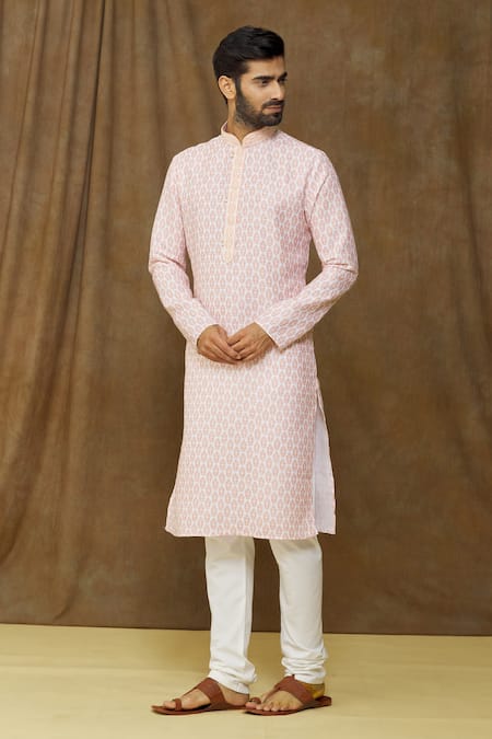 Buy_Arihant Rai Sinha_Peach Cotton, Chanderi Silk Embroidery Floral Print Kurta Set _Online_at_Aza_Fashions