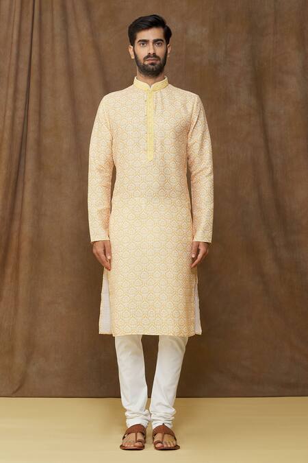 Arihant Rai Sinha_Yellow Cotton Embroidery Flower Print Kurta _Online_at_Aza_Fashions