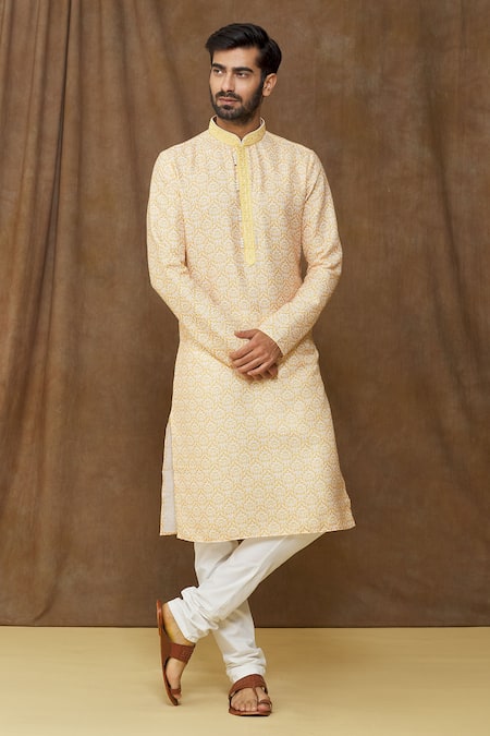Buy_Arihant Rai Sinha_Yellow Cotton Embroidery Flower Print Kurta _Online_at_Aza_Fashions