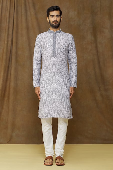 Samyukta Singhania_Grey Cotton, Chanderi Silk Embroidery Printed Kurta Set _Online_at_Aza_Fashions