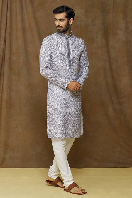 Buy_Samyukta Singhania_Grey Cotton, Chanderi Silk Embroidery Printed Kurta Set _Online_at_Aza_Fashions