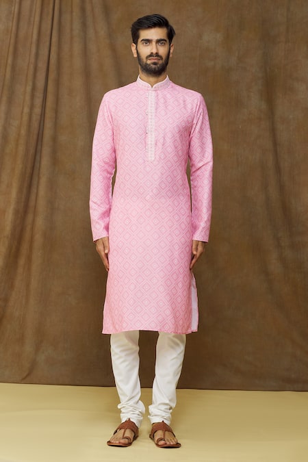Arihant Rai Sinha Pink Cotton, , Chanderi Embroidery Geometric Print Kurta Set Online at Aza Fashions Arihant Rai Sinha_Pink Cotton, , Chanderi Embroidery Geometric Print Kurta Set _Online_at_Aza_Fashions