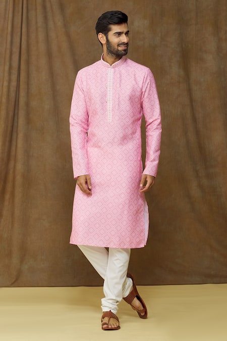 Buy Arihant Rai Sinha Pink Cotton, , Chanderi Embroidery Geometric Print Kurta Set Online at Aza Fashions Buy_Arihant Rai Sinha_Pink Cotton, , Chanderi Embroidery Geometric Print Kurta Set _Online_at_Aza_Fashions