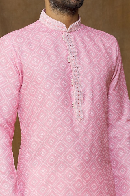 Shop Arihant Rai Sinha Pink Cotton, , Chanderi Embroidery Geometric Print Kurta Set Online at Aza Fashions Shop_Arihant Rai Sinha_Pink Cotton, , Chanderi Embroidery Geometric Print Kurta Set _Online_at_Aza_Fashions
