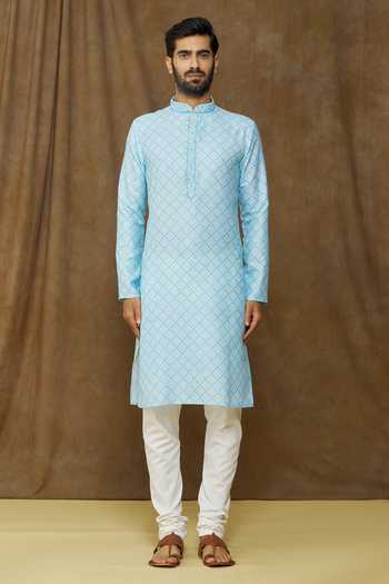 Arihant Rai Sinha Blue Cotton, , Chanderi Embroidery Geometric Print Straight Kurta Set Online at Aza Fashions Arihant Rai Sinha_Blue Cotton, , Chanderi Embroidery Geometric Print Straight Kurta Set _Online_at_Aza_Fashions