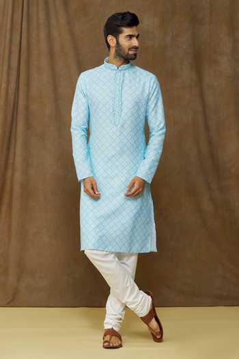 Buy Arihant Rai Sinha Blue Cotton, , Chanderi Embroidery Geometric Print Straight Kurta Set Online at Aza Fashions Buy_Arihant Rai Sinha_Blue Cotton, , Chanderi Embroidery Geometric Print Straight Kurta Set _Online_at_Aza_Fashions