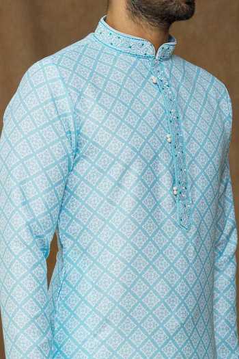 Shop Arihant Rai Sinha Blue Cotton, , Chanderi Embroidery Geometric Print Straight Kurta Set Online at Aza Fashions Shop_Arihant Rai Sinha_Blue Cotton, , Chanderi Embroidery Geometric Print Straight Kurta Set _Online_at_Aza_Fashions