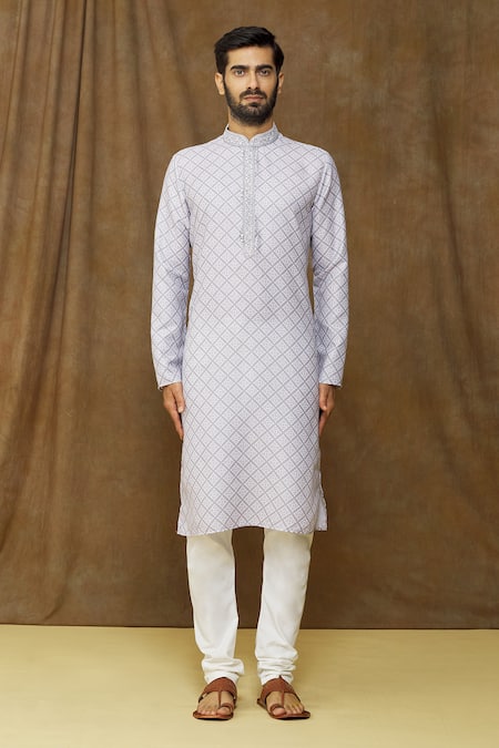 Arihant Rai Sinha Grey Cotton Embroidery Geometric Print Kurta Online at Aza Fashions Arihant Rai Sinha_Grey Cotton Embroidery Geometric Print Kurta _Online_at_Aza_Fashions