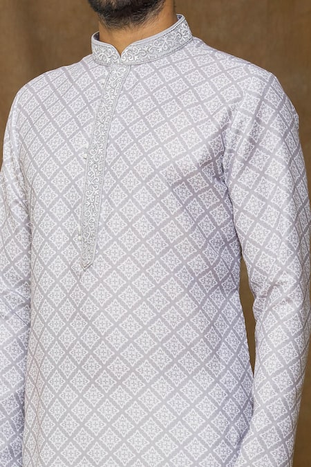 Shop Arihant Rai Sinha Grey Cotton Embroidery Geometric Print Kurta Online at Aza Fashions Shop_Arihant Rai Sinha_Grey Cotton Embroidery Geometric Print Kurta _Online_at_Aza_Fashions
