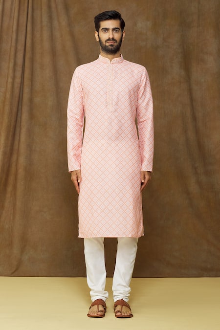 Arihant Rai Sinha_Peach Cotton Embroidery Geometric Pattern Kurta _Online_at_Aza_Fashions