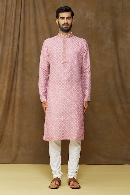 Arihant Rai Sinha_Pink Cotton, Chanderi Silk Embroidery Floral-geometric Print Kurta Set _Online_at_Aza_Fashions