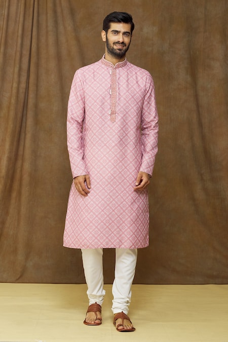 Buy_Arihant Rai Sinha_Pink Cotton, Chanderi Silk Embroidery Floral-geometric Print Kurta Set _Online_at_Aza_Fashions