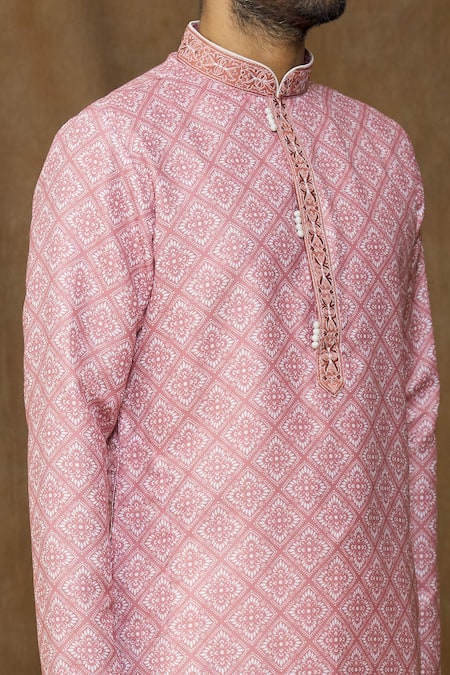 Shop_Arihant Rai Sinha_Pink Cotton, Chanderi Silk Embroidery Floral-geometric Print Kurta Set _Online_at_Aza_Fashions