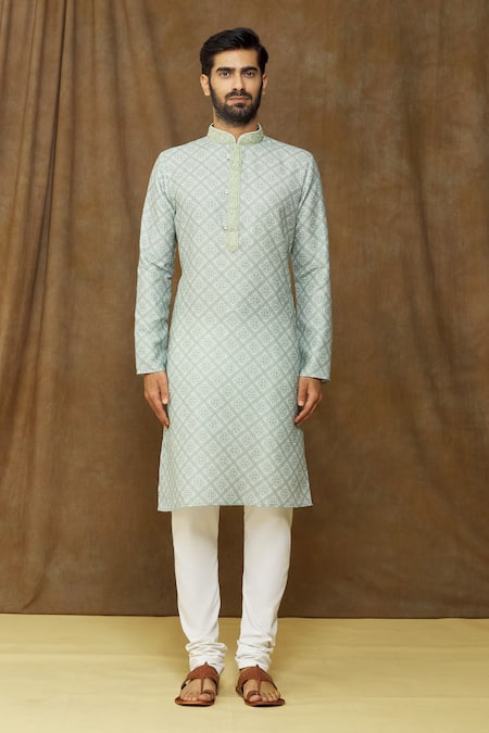 Buy_Arihant Rai Sinha_Green Cotton, Chanderi Silk Embroidery Floral-geometric Print Kurta Set _Online_at_Aza_Fashions