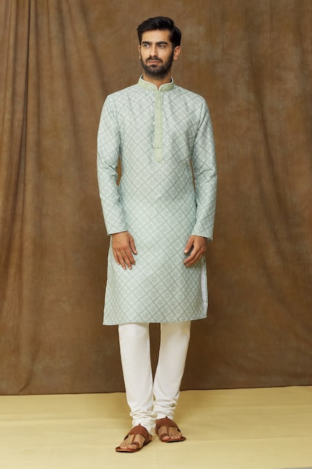 Shop_Arihant Rai Sinha_Green Cotton, Chanderi Silk Embroidery Floral-geometric Print Kurta Set _Online_at_Aza_Fashions