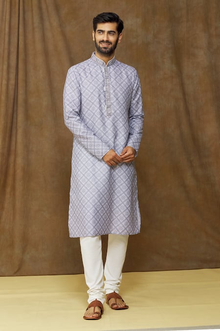 Shop Arihant Rai Sinha Grey Cotton, , Chanderi Geometric-floral Print Kurta Set Online at Aza Fashions Shop_Arihant Rai Sinha_Grey Cotton, , Chanderi Geometric-floral Print Kurta Set _Online_at_Aza_Fashions