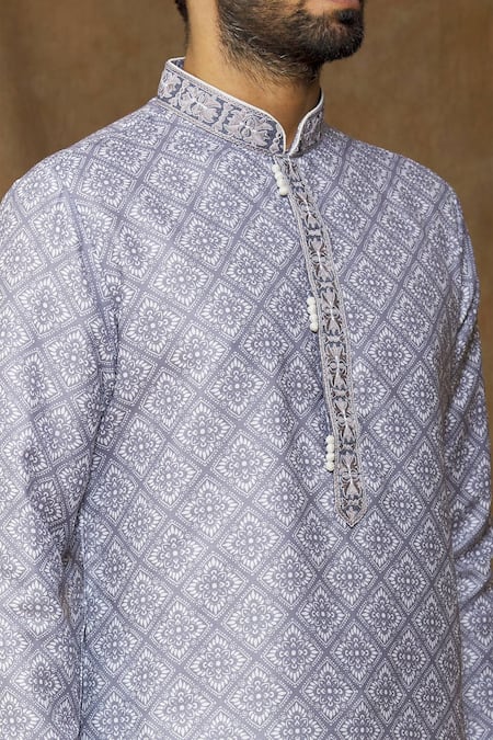 Arihant Rai Sinha Grey Cotton, , Chanderi Geometric-floral Print Kurta Set at Aza Fashions Arihant Rai Sinha_Grey Cotton, , Chanderi Geometric-floral Print Kurta Set _at_Aza_Fashions