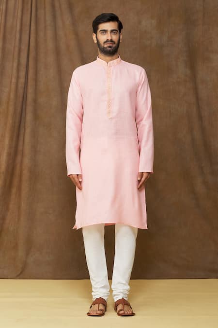 Arihant Rai Sinha Pink Linen, Cotton Embroidery Kurta Online at Aza Fashions Arihant Rai Sinha_Pink Linen, Cotton Embroidery Kurta _Online_at_Aza_Fashions