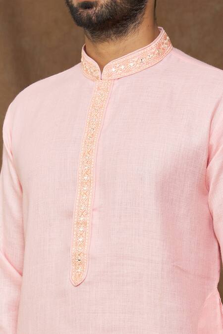 Shop Arihant Rai Sinha Pink Linen, Cotton Embroidery Kurta Online at Aza Fashions Shop_Arihant Rai Sinha_Pink Linen, Cotton Embroidery Kurta _Online_at_Aza_Fashions