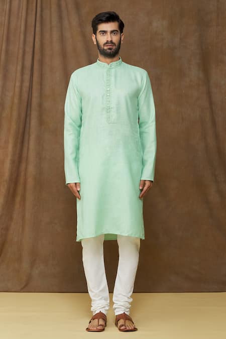 Arihant Rai Sinha Green Linen, Cotton Embroidery Pastel Kurta Online at Aza Fashions Arihant Rai Sinha_Green Linen, Cotton Embroidery Pastel Kurta _Online_at_Aza_Fashions