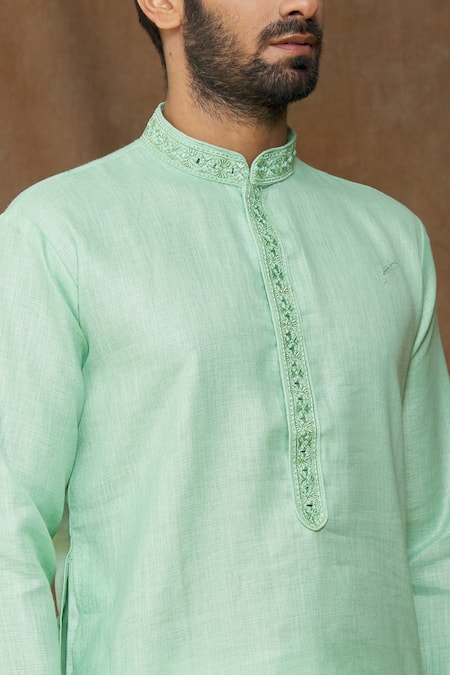 Shop Arihant Rai Sinha Green Linen, Cotton Embroidery Pastel Kurta Online at Aza Fashions Shop_Arihant Rai Sinha_Green Linen, Cotton Embroidery Pastel Kurta _Online_at_Aza_Fashions