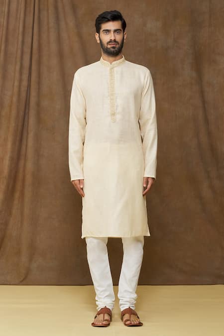 Buy_Arihant Rai Sinha_Beige Linen, Cotton, Chanderi Embroidery Straight Pastel Kurta Set _Online_at_Aza_Fashions