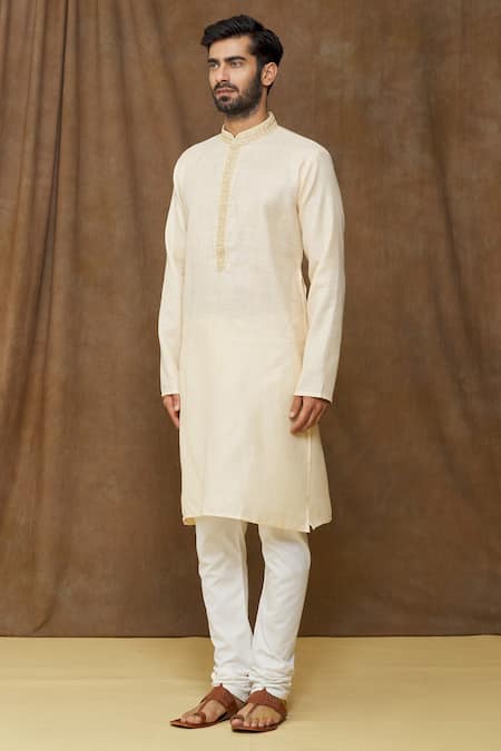Shop_Arihant Rai Sinha_Beige Linen, Cotton, Chanderi Embroidery Straight Pastel Kurta Set _Online_at_Aza_Fashions