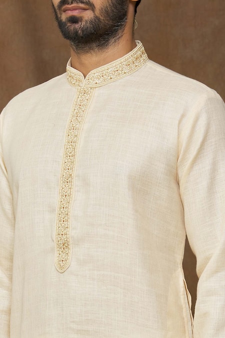 Arihant Rai Sinha_Beige Linen, Cotton, Chanderi Embroidery Straight Pastel Kurta Set _at_Aza_Fashions