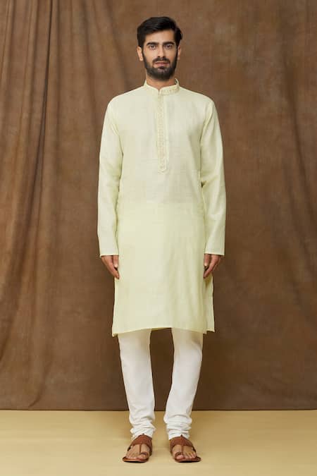 Arihant Rai Sinha Green Linen, Cotton Embroidery Pastel Straight Kurta Online at Aza Fashions Arihant Rai Sinha_Green Linen, Cotton Embroidery Pastel Straight Kurta _Online_at_Aza_Fashions