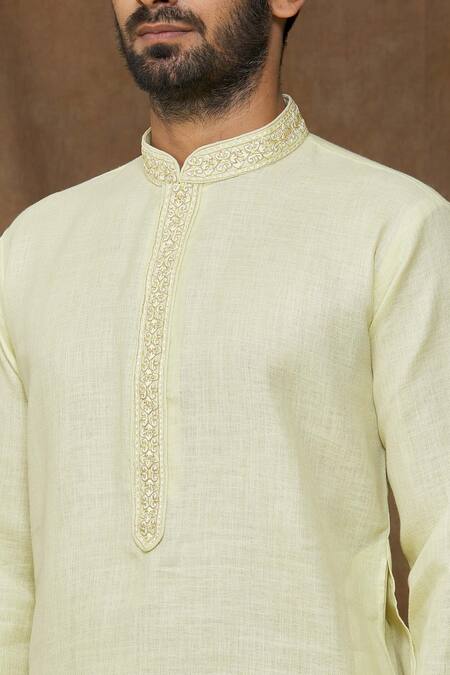 Shop Arihant Rai Sinha Green Linen, Cotton Embroidery Pastel Straight Kurta Online at Aza Fashions Shop_Arihant Rai Sinha_Green Linen, Cotton Embroidery Pastel Straight Kurta _Online_at_Aza_Fashions