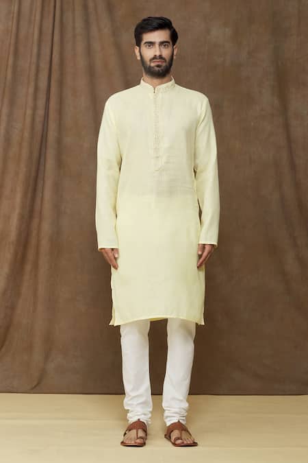 Arihant Rai Sinha Yellow Linen, Cotton Embroidery Placket Kurta Online at Aza Fashions Arihant Rai Sinha_Yellow Linen, Cotton Embroidery Placket Kurta _Online_at_Aza_Fashions