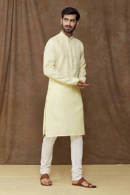 Buy Arihant Rai Sinha Yellow Linen, Cotton Embroidery Placket Kurta Online at Aza Fashions Buy_Arihant Rai Sinha_Yellow Linen, Cotton Embroidery Placket Kurta _Online_at_Aza_Fashions
