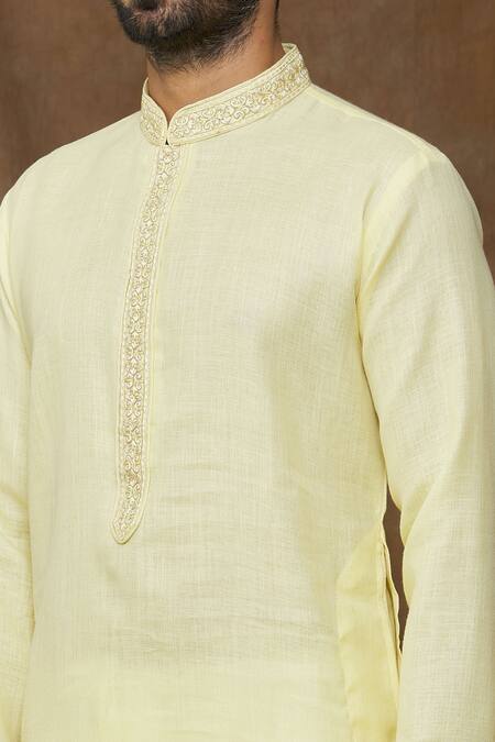 Shop Arihant Rai Sinha Yellow Linen, Cotton Embroidery Placket Kurta Online at Aza Fashions Shop_Arihant Rai Sinha_Yellow Linen, Cotton Embroidery Placket Kurta _Online_at_Aza_Fashions
