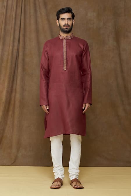 Arihant Rai Sinha Wine Linen, Cotton Embroidery Placket Dark Kurta Online at Aza Fashions Arihant Rai Sinha_Wine Linen, Cotton Embroidery Placket Dark Kurta _Online_at_Aza_Fashions