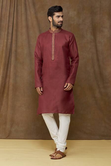 Buy Arihant Rai Sinha Wine Linen, Cotton Embroidery Placket Dark Kurta Online at Aza Fashions Buy_Arihant Rai Sinha_Wine Linen, Cotton Embroidery Placket Dark Kurta _Online_at_Aza_Fashions