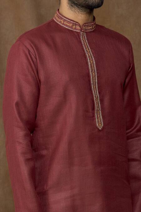 Shop Arihant Rai Sinha Wine Linen, Cotton Embroidery Placket Dark Kurta Online at Aza Fashions Shop_Arihant Rai Sinha_Wine Linen, Cotton Embroidery Placket Dark Kurta _Online_at_Aza_Fashions
