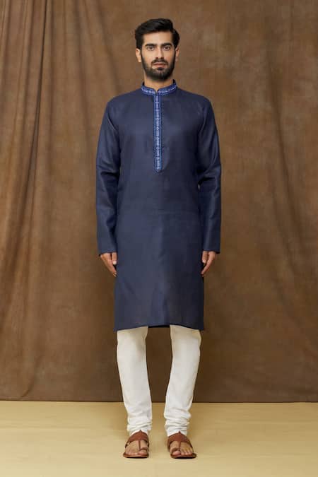 Arihant Rai Sinha_Blue Linen, Cotton Embroidery Floral Placket Kurta _Online_at_Aza_Fashions