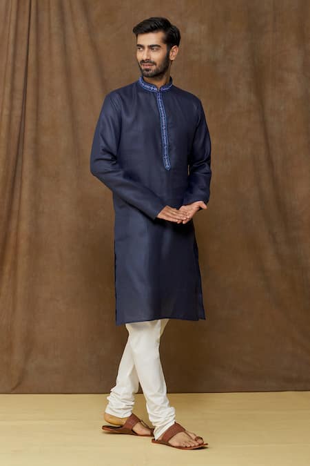Buy_Arihant Rai Sinha_Blue Linen, Cotton Embroidery Floral Placket Kurta _Online_at_Aza_Fashions