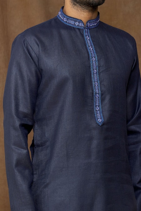 Shop_Arihant Rai Sinha_Blue Linen, Cotton Embroidery Floral Placket Kurta _Online_at_Aza_Fashions