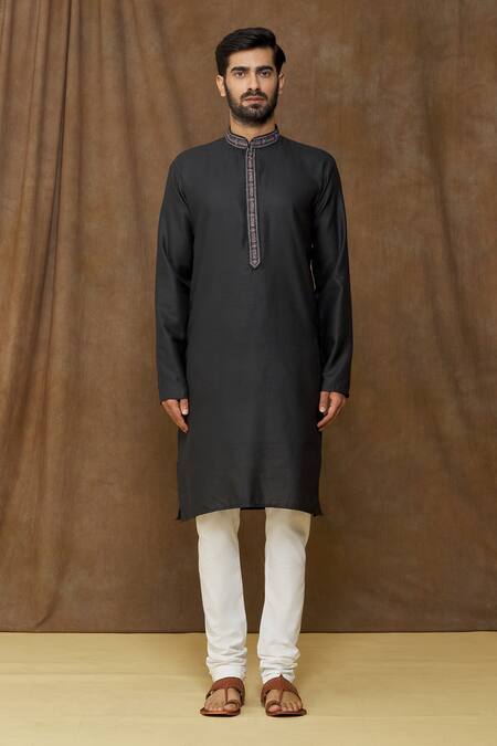 Arihant Rai Sinha Black Linen, Cotton Embroidery Thread Placket Kurta Online at Aza Fashions Arihant Rai Sinha_Black Linen, Cotton Embroidery Thread Placket Kurta _Online_at_Aza_Fashions