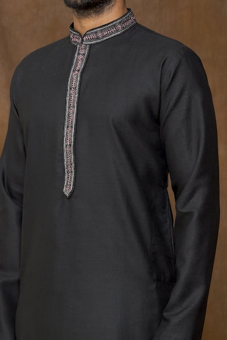 Shop Arihant Rai Sinha Black Linen, Cotton Embroidery Thread Placket Kurta Online at Aza Fashions Shop_Arihant Rai Sinha_Black Linen, Cotton Embroidery Thread Placket Kurta _Online_at_Aza_Fashions