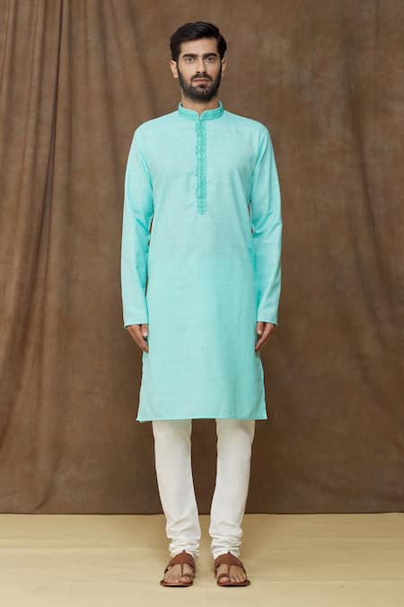 Arihant Rai Sinha Blue Linen, Cotton Embroidery Thread Work Placket Kurta Online at Aza Fashions Arihant Rai Sinha_Blue Linen, Cotton Embroidery Thread Work Placket Kurta _Online_at_Aza_Fashions