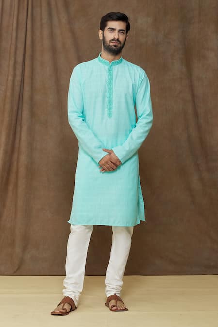 Buy Arihant Rai Sinha Blue Linen, Cotton Embroidery Thread Work Placket Kurta Online at Aza Fashions Buy_Arihant Rai Sinha_Blue Linen, Cotton Embroidery Thread Work Placket Kurta _Online_at_Aza_Fashions