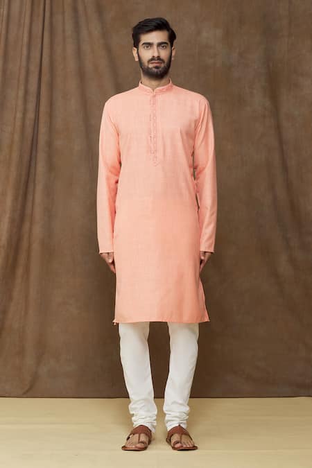 Arihant Rai Sinha_Pink Linen, Cotton Embroidery Pastel Thread Work Placket Kurta_Online_at_Aza_Fashions