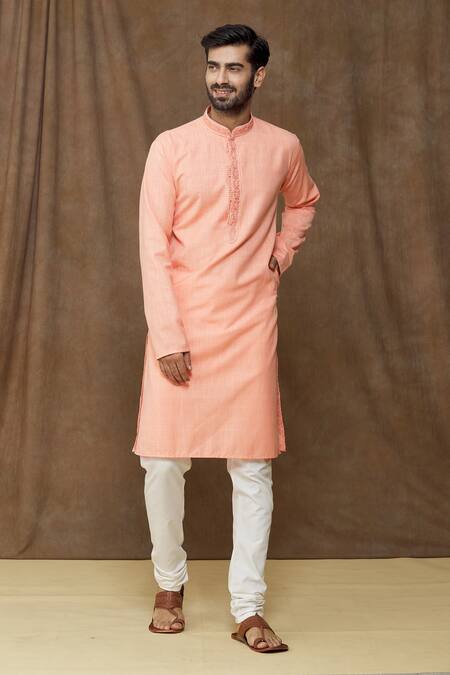 Buy_Arihant Rai Sinha_Pink Linen, Cotton Embroidery Pastel Thread Work Placket Kurta_Online_at_Aza_Fashions