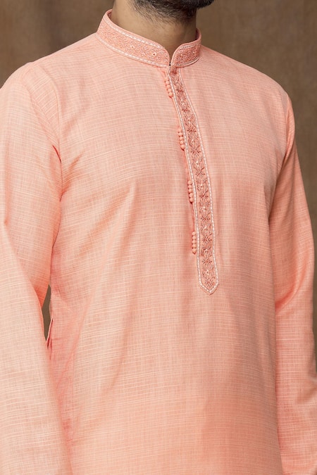 Shop_Arihant Rai Sinha_Pink Linen, Cotton Embroidery Pastel Thread Work Placket Kurta_Online_at_Aza_Fashions